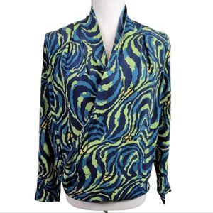 Amanda Uprichard Silk Surplice Wrap Top Lime Green Navy Blue XS